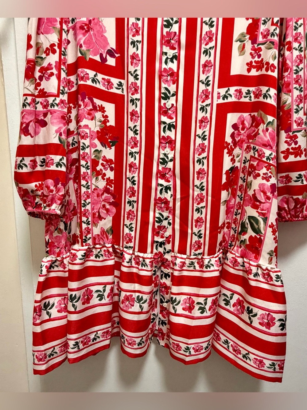 NWT Anne Klein Women's Size 14 Printed Red and Pink Flounce-Hem Shirtdress - Picture 5 of 7